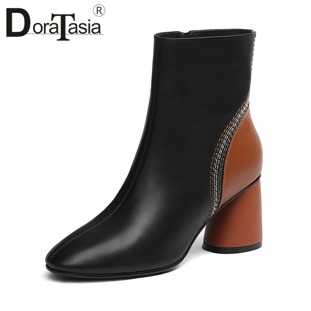 

DORATASIA New Luxury Elegant 32-43 Genuine Leather Booties Lady Sewing Leather Ankle Boots Women 2019 High Heels Shoes Woman