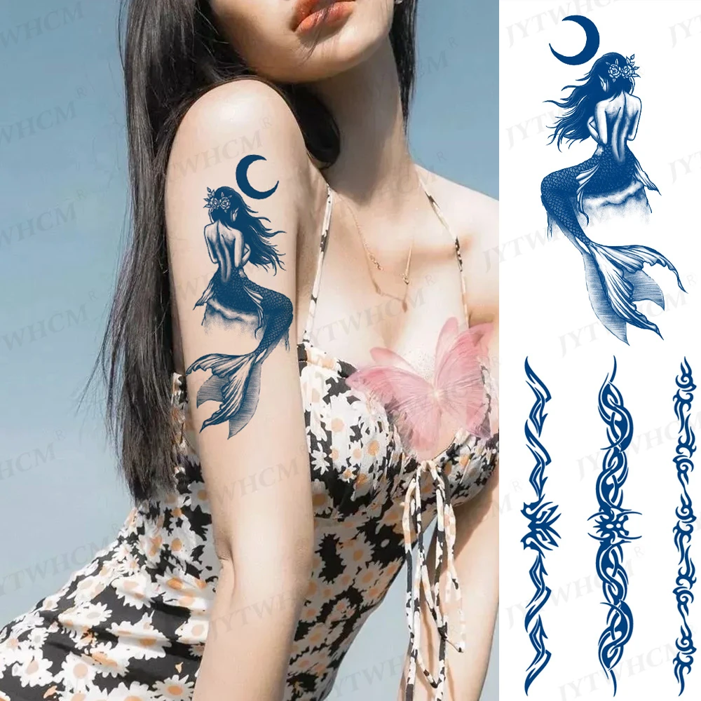 Tatouage En Rapport Avec La Mer Autocollants De Tatouage Temporaire, Thème Sirène Lune Et Mer, Bords Flash,  Fleurs Imperméables, Dragon Body Art Bras, Faux Tatouage Pour Femmes Et  Hommes - Temporaire Tatouages - AliExpress