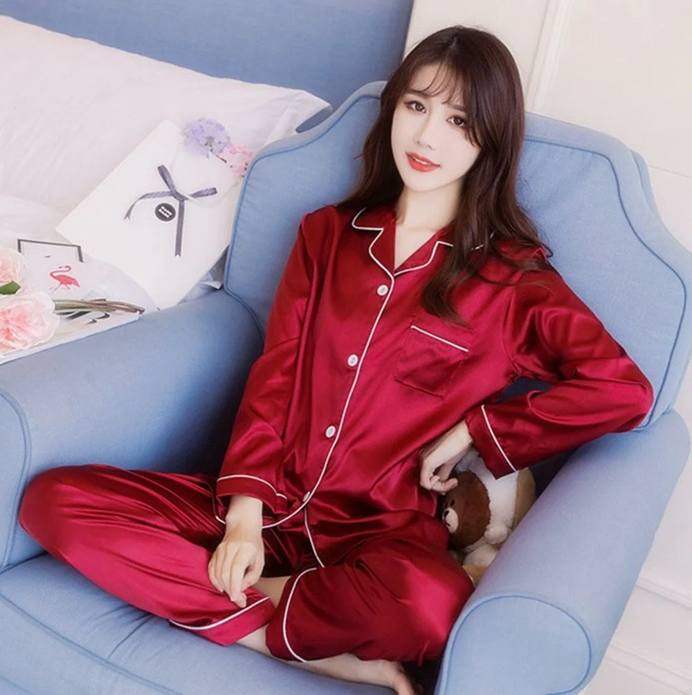 Satin Pajamas for Womens Pyjamas Set Long Sleeve Sleepwear Women's Set Pajamas Suit Two Piece Set Loungewear Plus Size Homewear