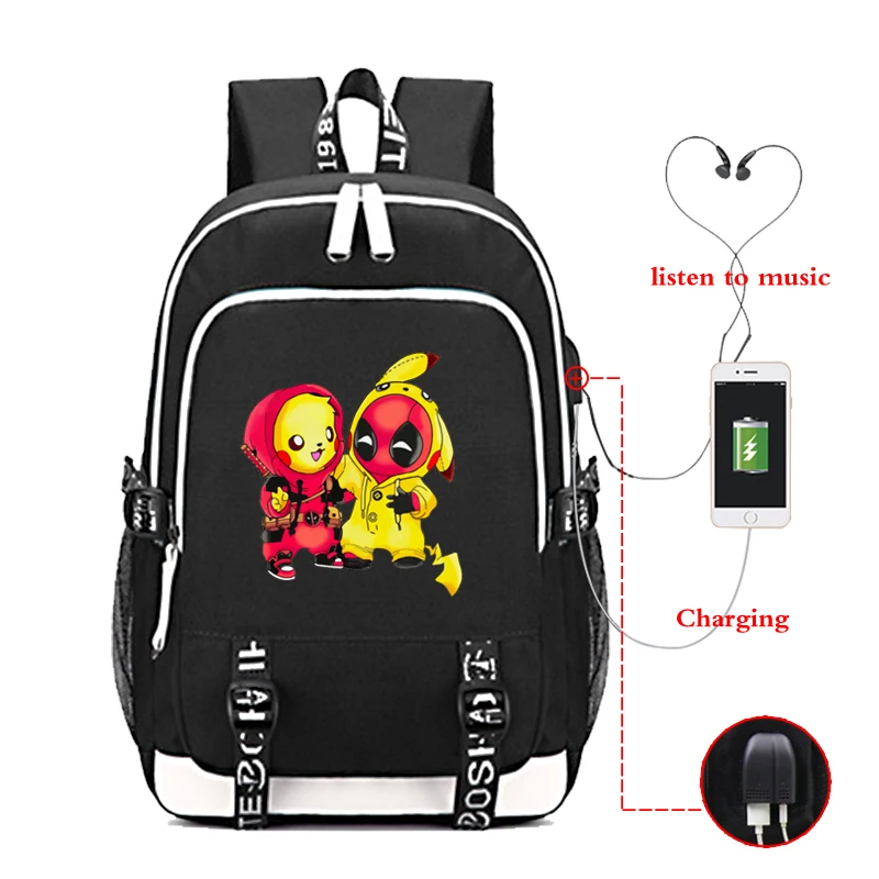 

Pokemon and Deadpool Backpack Women Man Backpacks Canvas Casual School Bag USB Teenage Girls Boy Pikachu Travel Laptop Mochila