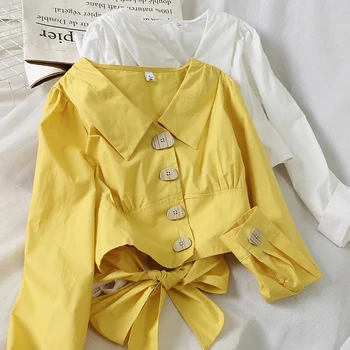 

New Spring 2020 Long-sleeved Shirt Student Girls High Waist Short Blouse Pure Color Women's Bow Shirt Slim Tops