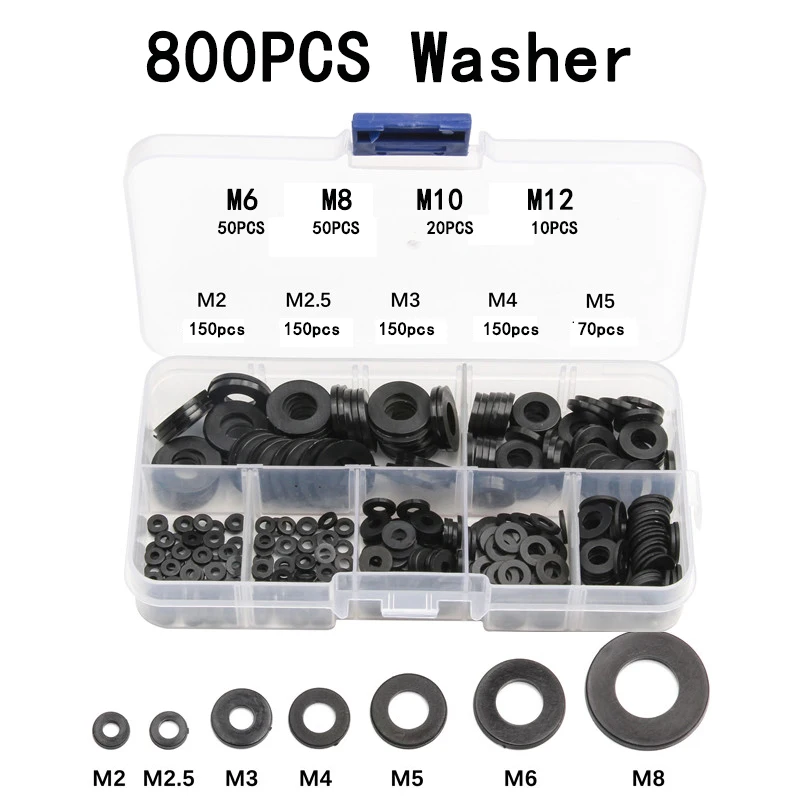 

800pcs M2 M2.5 M3 M4 M5 M6 M8 M10 M12Nylon Washer Plastic Insulation Spacers Seals Black White Nylon Washers Set Gasket Ring Kit