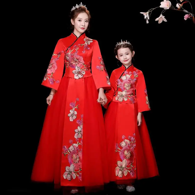 Комплект одежды для мамы и дочки, Qipao Hanfu/ г. Весеннее красное платье комплект из 2 предметов: топ+ юбка одинаковые комплекты для семьи J574 - Цвет: Красный
