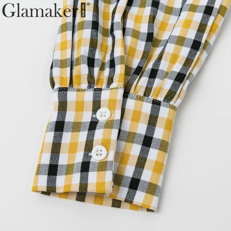 Glamaker Клетчатая блуза с длинным рукавом, рубашка для женщин, безчерная Корейская блуза со шнуровкой на поясе, женская модная винтажная женская блузка