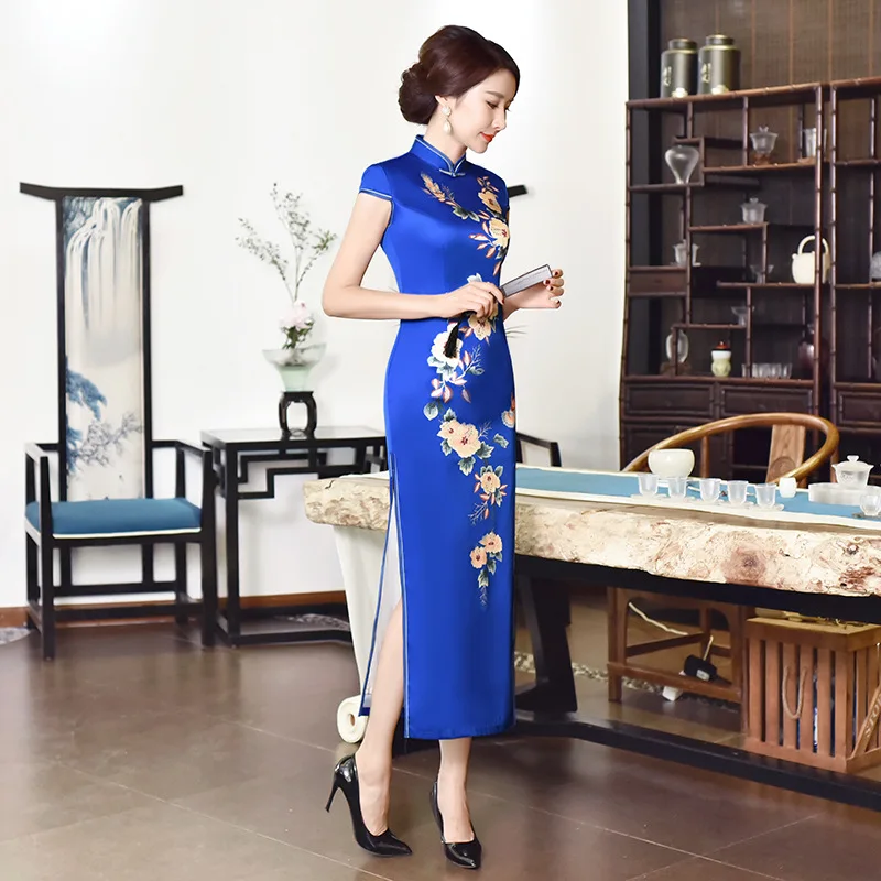 Элегантные атласные женские вечерние Qipao Цветочные Длинные китайские традиционные восточные тонкие Cheongsam Vestidos плюс размер M-4XL