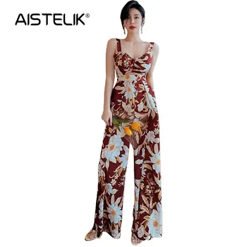 

AISTELIK 2020 spring and summer clothing new explosion models women retro printing straps jumpsuits wide leg trousers jumpsuit