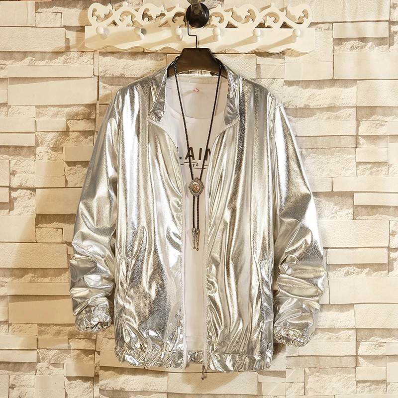 Mens Windbreaker Jackets Nightclub Stage Singer Costume Streetwear Harajuku Hip Hop Jacket Gold Silver Fashion Autumn Men Solid men's winter coats & jackets Jackets