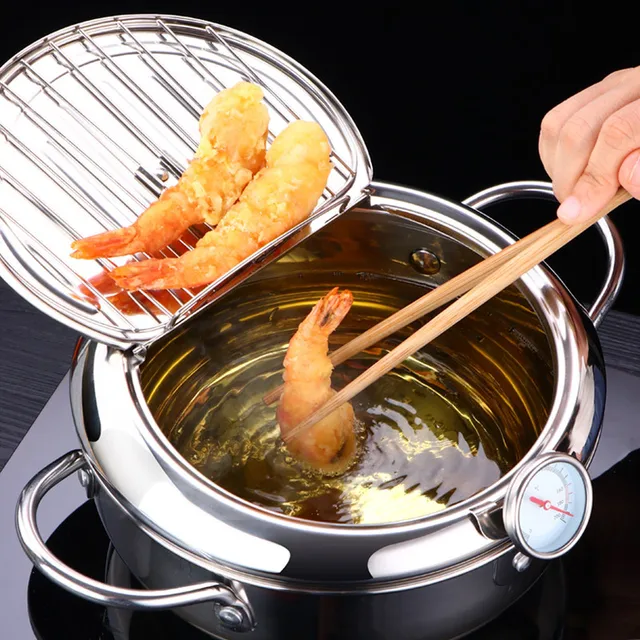 LMETJMA Japanese Deep Frying Pot with a Thermometer and a Lid 304 Stainless Steel Kitchen Tempura Fryer Pan 20 24 cm KC0405 1