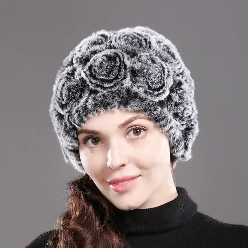 gray Женский Настоящий мех кролика, шапка для русской зимы, теплый мех кролика Рекс, шапка бини, натуральный цветочный Повседневный Настоящий мех кролика, шапка - Цвет: gray