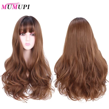 

MUMUPI Long Synthetic curly Wig with Bangs Dark Root Ombre Color High Density Natural Headline Heat Resistant Hair Wig for Women