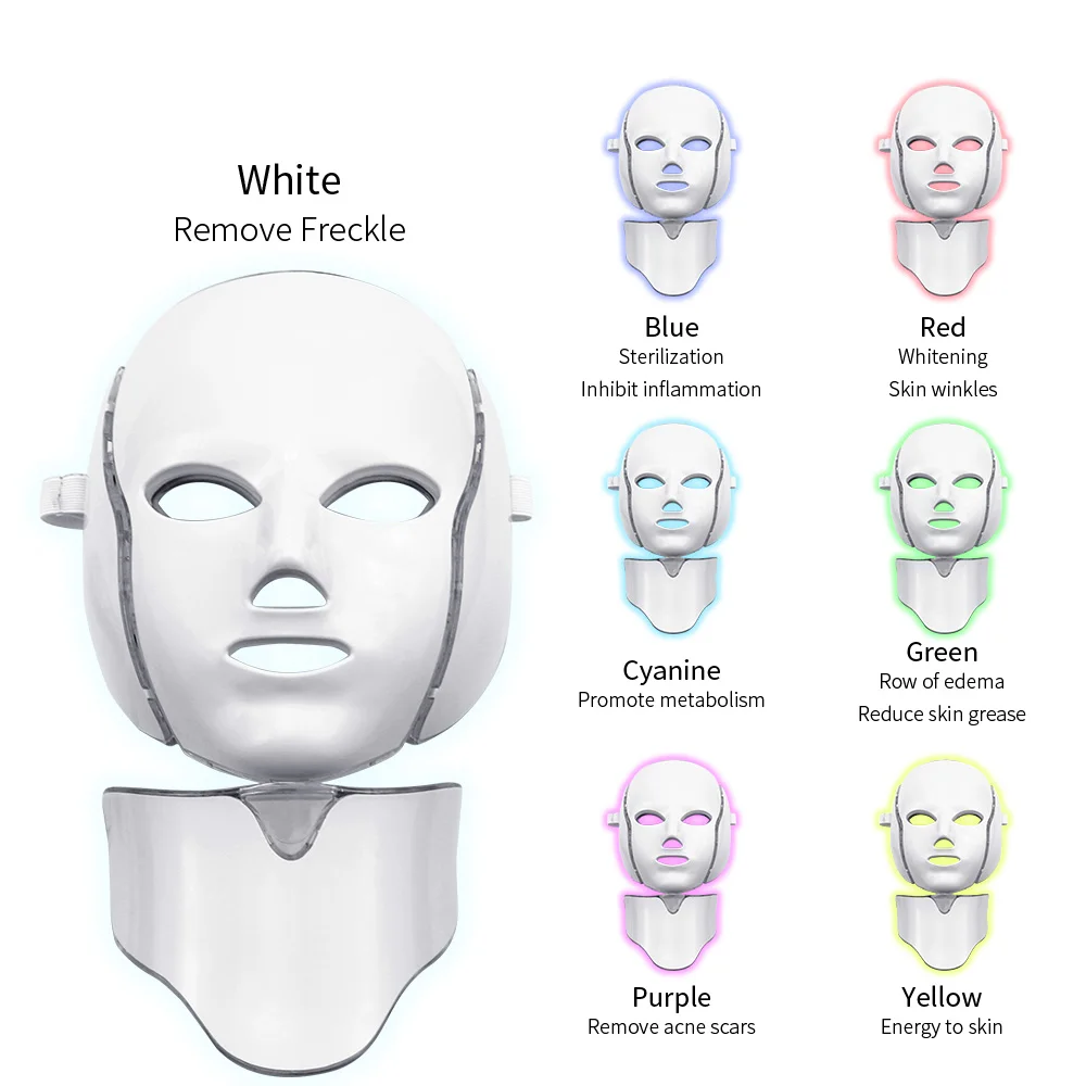 7-Цвет Электрический светодиодный маска для лица и горло изготовлено на станке Фотон Красота анти-лечение от прыщей, отбеливание устройство светодиодный маска для кожи шеи