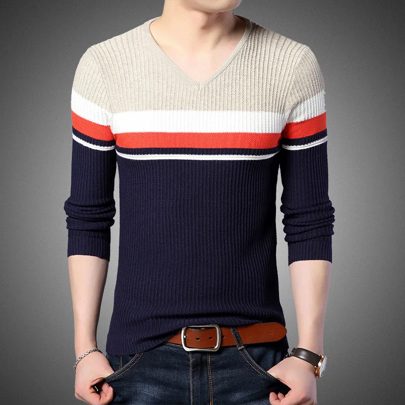 Модный брендовый свитер для мужчин s, пуловеры, Облегающие джемперы, вязаные, в полоску, Осенние, v-образный вырез, корейский стиль, повседневная мужская одежда - Цвет: Camel