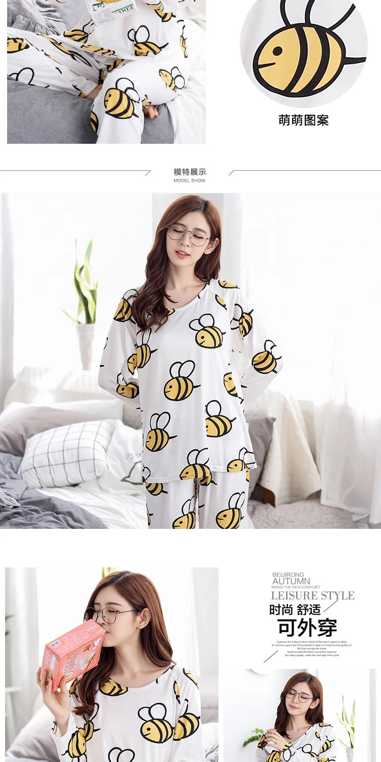 Spring And Autumn New Style Pajamas Women's Thin Cartoon Bear Bees GIRL'S Set Multi-Homewear Set