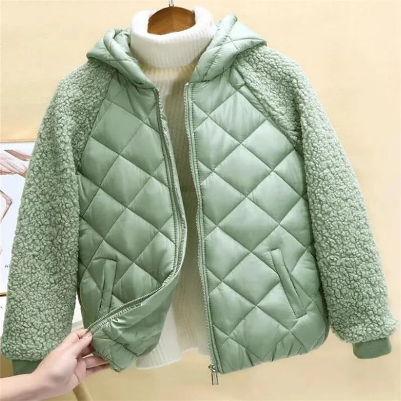 Кофты с капюшоном из овечьей шерсти Куртка женская короткое пальто в клетку на