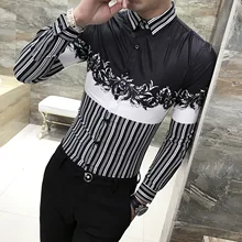 В полоску платье с цветочным принтом рубашка Для мужчин Повседневное Slim Fit Роскошь барокко рубашки Для мужчин s Print Клубная рубашка Camisa Masculina сорочка