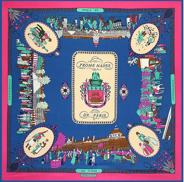New Arrival Brand Shawl 100% Twill Silk Scarf Working in Paris 130cm Square Scarves Print Kerchief Bandana Woman Headband Hijab 4