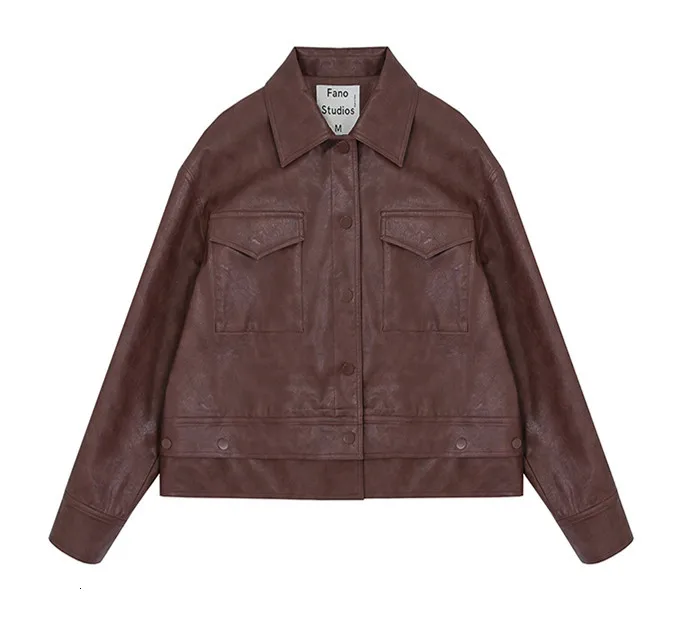 Brown Red Chaquetas mujer, женское осеннее винтажное повседневное свободное короткое пальто из искусственной кожи, casaco moda feminina, байкерская куртка, укороченная куртка - Цвет: Brown Red