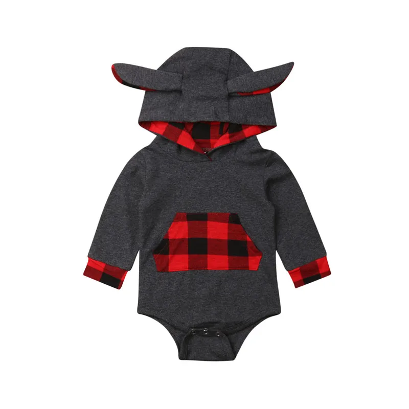 

Focusnorm Newborn Baby Boys Girls Plaids Bodysuit Clothes Long Sleeve Hooded Bodysuit Jumpsuit Autumn Outfit