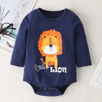 

Baby Long Sleeve Rompers Spring Autumn Cotton Cartoon Lion Letters Printing Round Collar Splicing Daily Playsuit Clothing