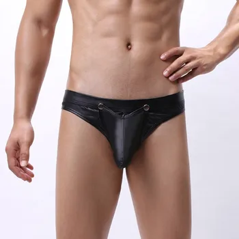 

Men Lingerie Leather Briefs Bikini Underwear Men's Sexy Low Waisted Opening Imitation Leather Underwear Comfortable Underwear#35