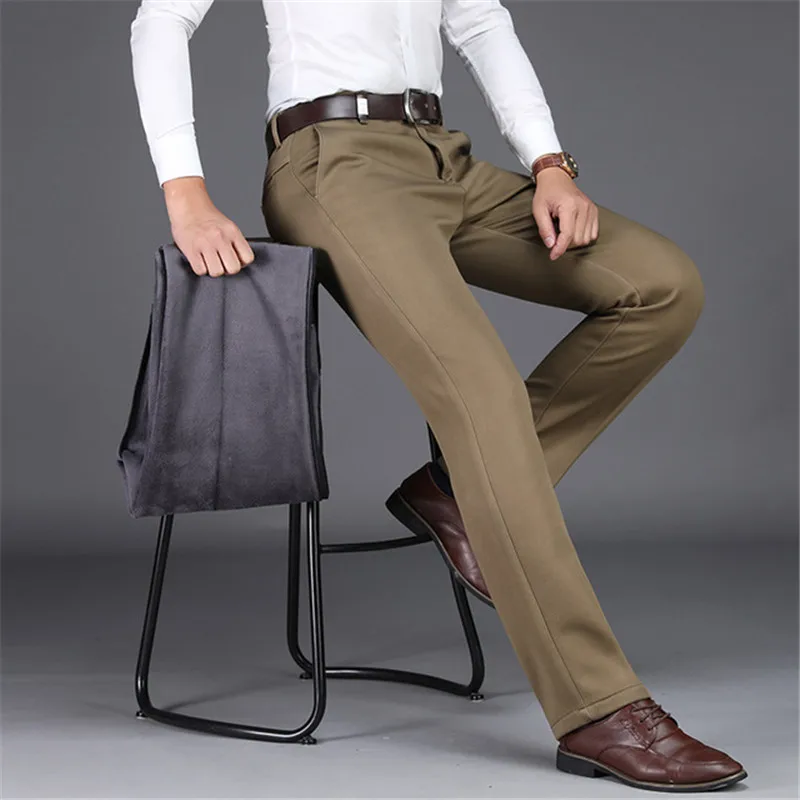 Мужские брюки зимние плюс бархатные утолщенные повседневные брюки деловые прямые с высокой талией свободные повседневные мужские эластичные теплые брюки