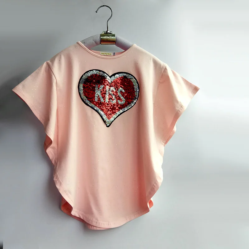 Повседневная трикотажная Детская футболка с язычком летняя свободная футболка с короткими рукавами и круглым вырезом Повседневный хлопковый топ с логотипом в стиле рок-группы - Цвет: Pink kiss