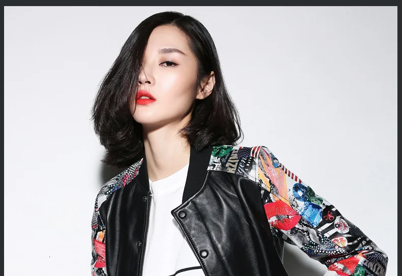 XUXI, Женская Осенняя Новинка, настоящая овчина, пальто, топы, Панк Бомберы, натуральная кожа, куртка, цветная печать, верхняя одежда, куртка, FZ0076