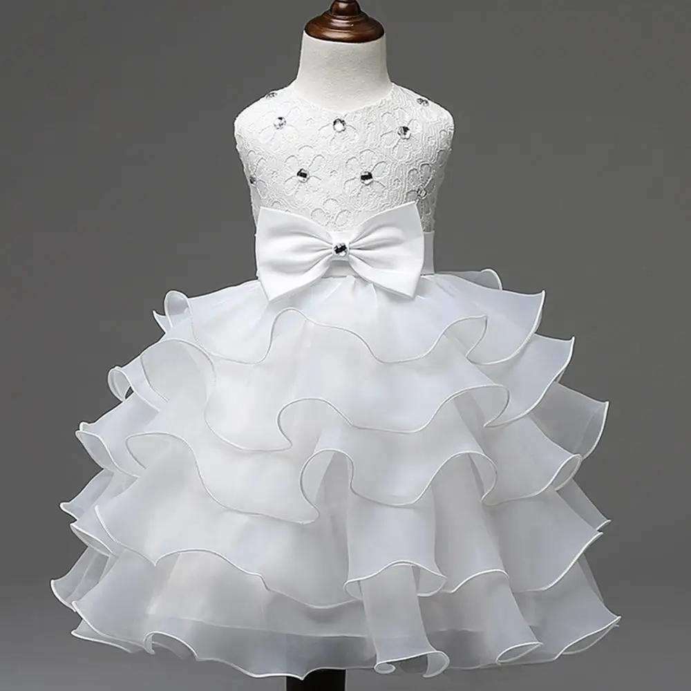 

High Quality Baby Girls Dresses Kids Bowknot Beads Ruffles Lace Princess Pretty Cute Party Flower Girl Dresse Cotton Bow