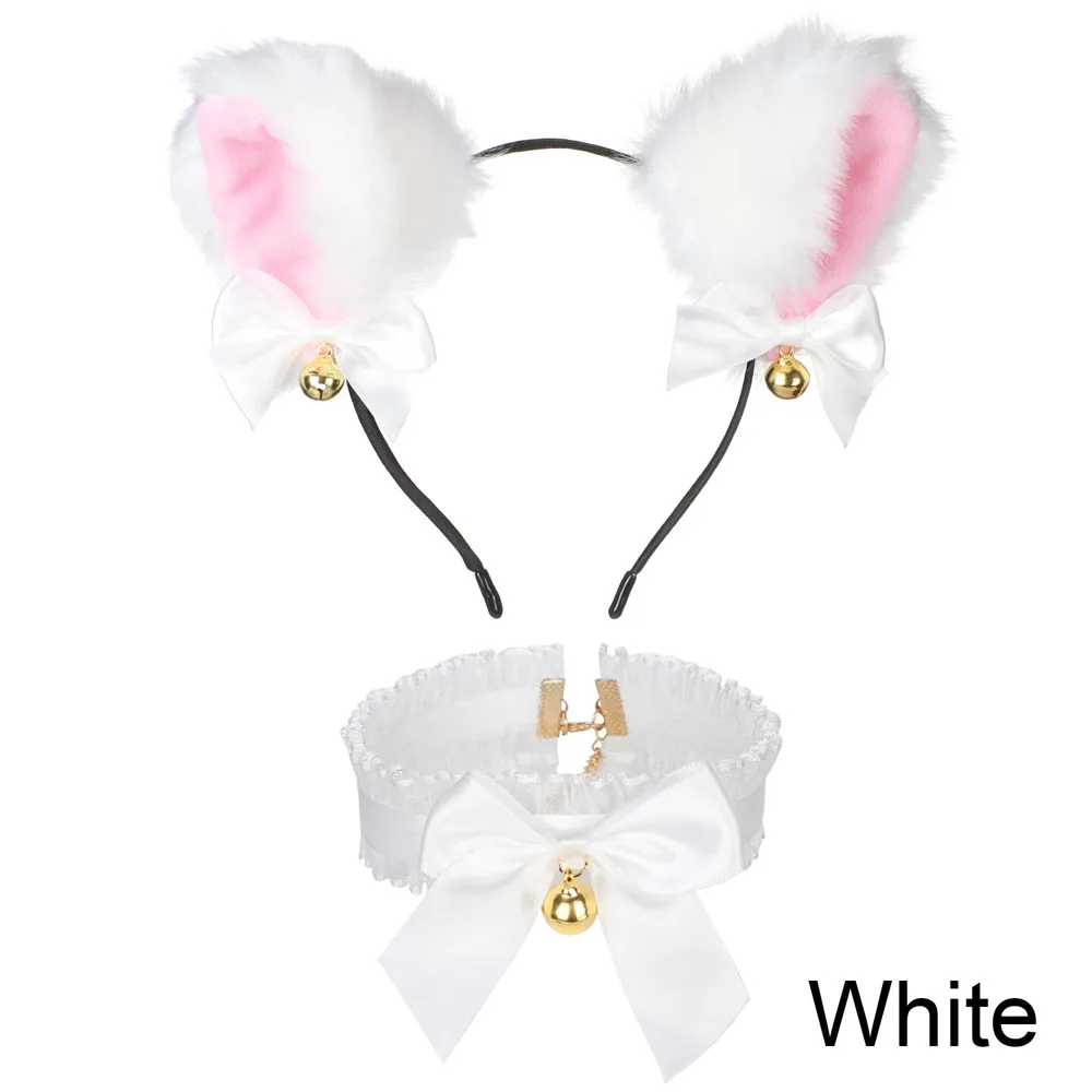 1Set Cat Ear Headband With Bells Necklace Plush Furry Cat Ears Headwear Fancy Dress Hairband Women Girls Party Cosplay Headwear anime outfits Cosplay Costumes