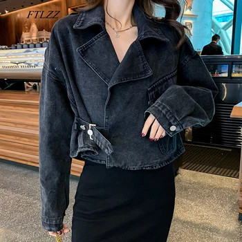

FTLZZ Women Jean Loose Jacket Vintage Turndown Collar Big Pocket Denim Jacket Overcoat Casual Female Biker Short Outerwear
