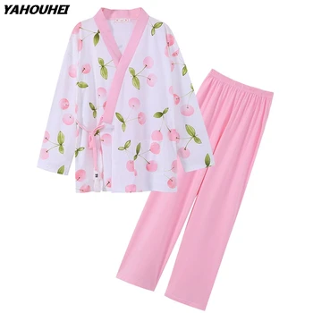 

2019 Autumn 100% Cotton Japanese Kimono Pajamas Sets For Women Long Sleeve Pyjamas Cherry Print Pijamas Lounge Homewear Clothing