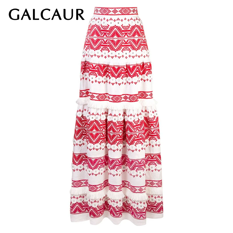 GALCAUR Vintage Tassel Skirt For Women High Waist Print Button Patchwork Maxi Skirts Female 2020 Fashion Spring New Clothes | Женская