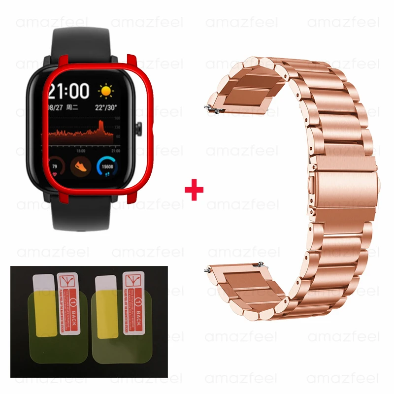 4в1/упаковка умные часы аксессуары для Amazfit GTS ремешок браслет для Huami Amazfit gts чехол Защитная пленка для экрана ремешок на запястье - Цвет: rose gold-red