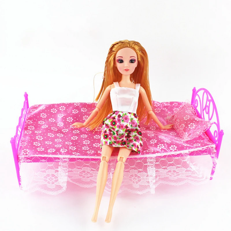 

3Pcs/Set Doll Bed Doll Accessories Bed And Sheets And Plastic Pillows Pink Purple Girl Toy Gift Educational Toys Play House Toy
