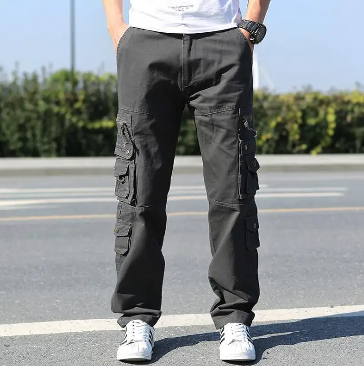 Men's Cargo Pants Casual Straight Slacks Trousers Cotton Multi-pocket Plain D 