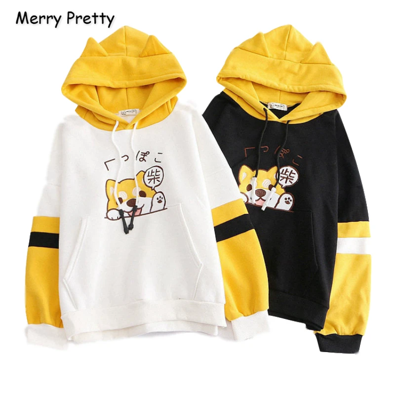  Merry Pretty Women Cartoon Dog Embroidery Harajuku Hoodies Sweatshirts 2019 Winter Patchwork Hooded