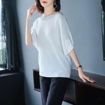 

Women's summer new loose T-shirt round neck knitted five-point sleeve T-shirt