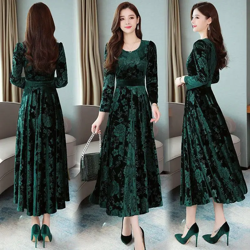Осенне-зимнее платье высокого качества, большие размеры 4XL, круглый воротник, цветочный принт, длинный рукав, женское бальное платье, длинное бархатное платье - Цвет: Зеленый