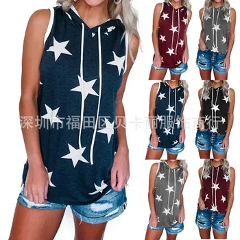 

2020 European and American summer star print hooded vest T-shirt women's tops