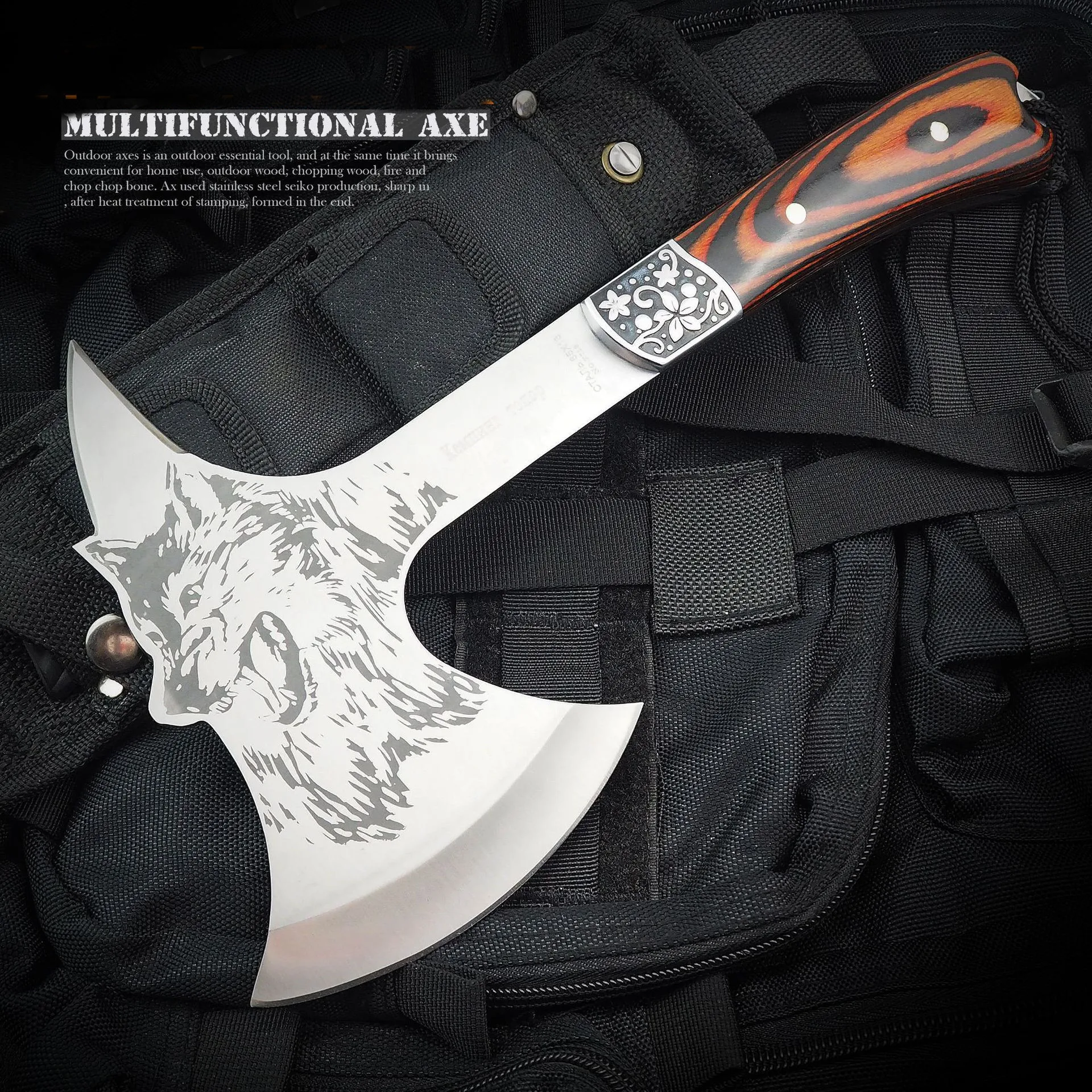 

Camping Axe Wolf Head Print Steel Hawk Hatchet knife Wooden Sheath Camping Hunting Survival Outdoor Tactical with Nylon Sheath