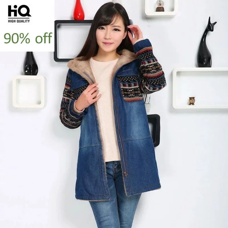 

New 2020 Women Hooded Lambswool Thicken Denim Jackets Fashion Ladies Knitted Sleeve Patchwork Jeans Coat Female Winter Warm Coat