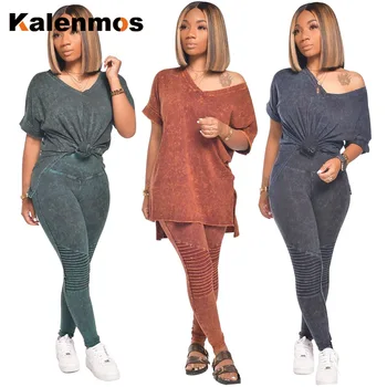 

Women Solid V-neck High Low Tee Top Drap Pencil Leggings Jogger Sweatpants Suit KALENMOS Two Piece Set Sport Matching Set Outfit