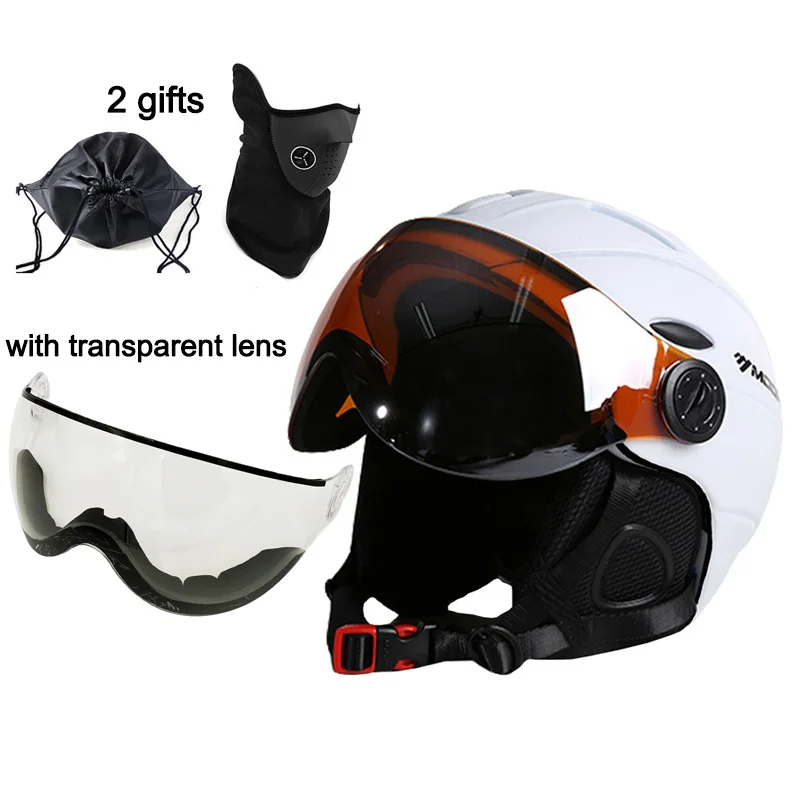 MOON лыжный шлем Зимний спорт на открытом воздухе мужские и женские лыжные шлемы Лыжный Сноуборд Снежный скейтборд шлем с очками Glasse козырек - Цвет: White 2 Lenses