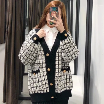 

2019 Fashion Women Plaid Autumn Long Outwear Female Chic Single Breasted Loose White&Black Jacket chaqueta mujer