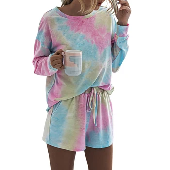 

Women´s Pajamas 2 PCS Tie Dye Printed Top+ Shorts Suit Round Collar Long Sleeve Loose Elastic Home Lingerie