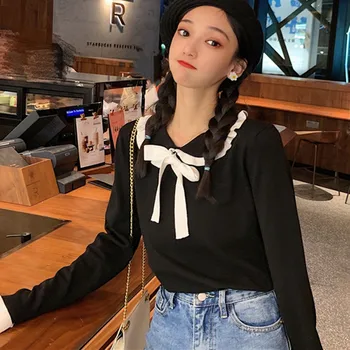 

Autumn Korean Women Sweater Turn-Down Collar Bow Sweater Casual Wild Long Sleeve Knitted Pullovers Kawaii Female Tops 2020 New