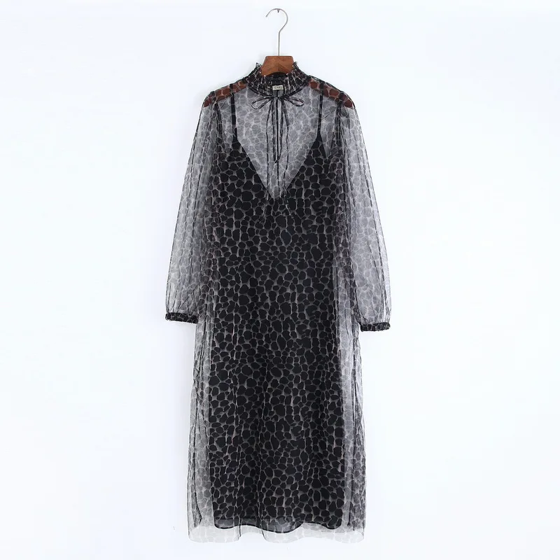 

Shine Through Mesh Women Leopard Dress With Lining Autumn 2019 New Fashion Long Sleeve 2 Pieces Sets Dresses