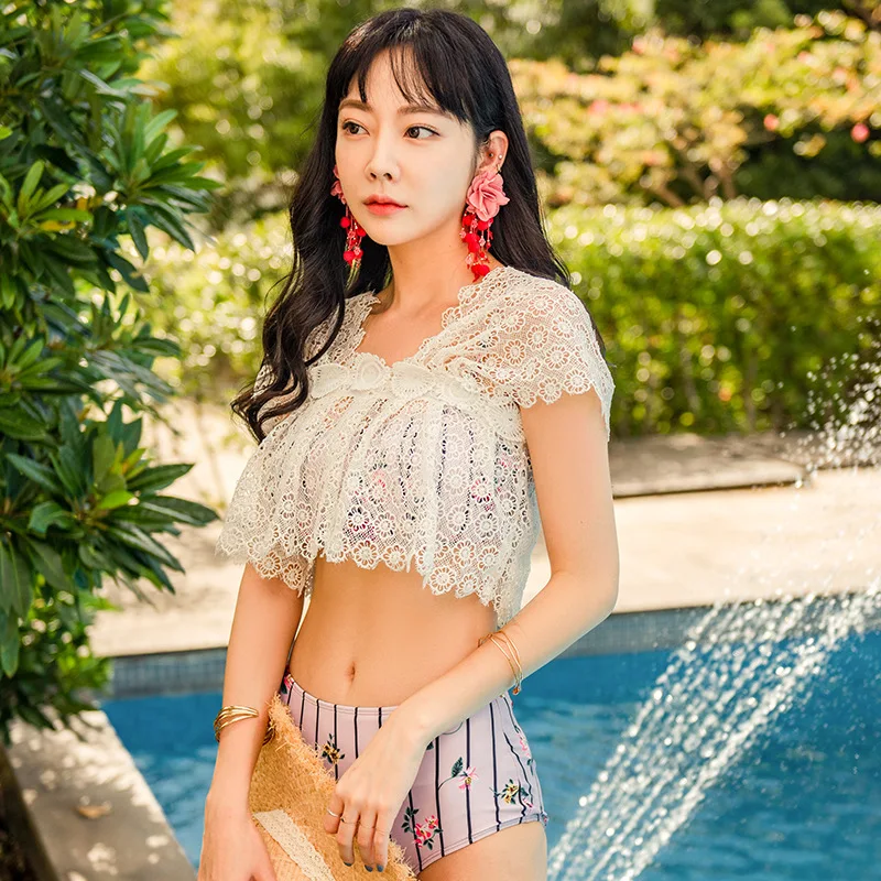 

Bathing Suit Women's Bikini Three-piece Set Lace Hollow out Sexy Triangle Split Type Bubble Hot Spring Clothes Women's South Kor