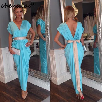 

New Arabic Kaftan Blue Long Prom Dresses Cheap Abaya Dubai Formal Evening Dress Sexy V-Neck Cap Sleeve Elegant Lady Party Dress
