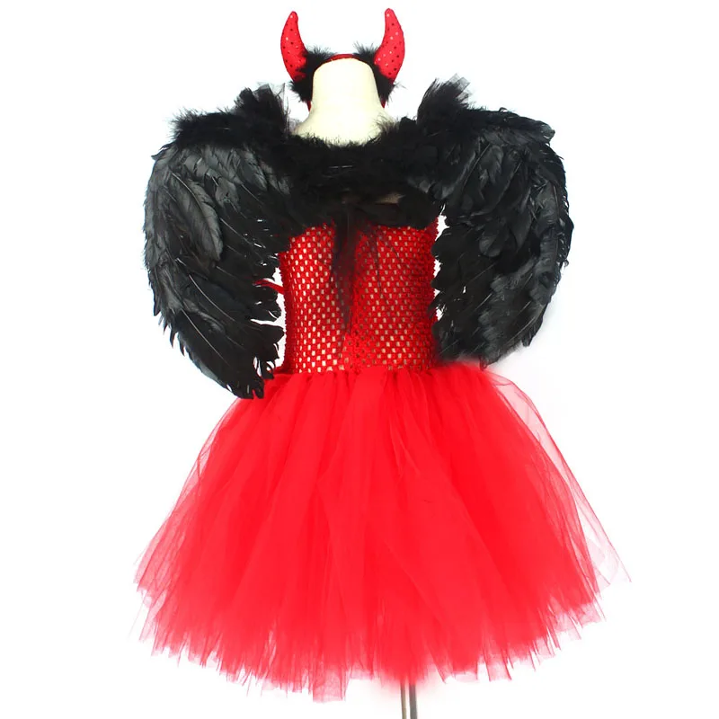 Girls Red Devil Halloween Tutu Dress with Hors Wings Pitchfork Crimson Demon Kids Fancy Dress Up Carnival Party Dress Costume (14)